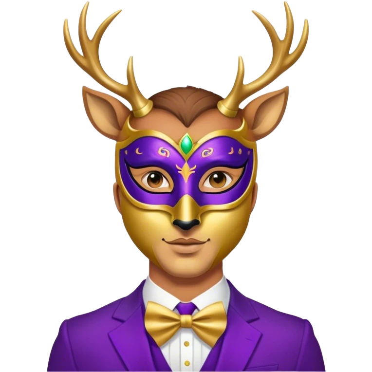 a man, with a purple suit,  wear half-face golden Deer masquerade mask emoji