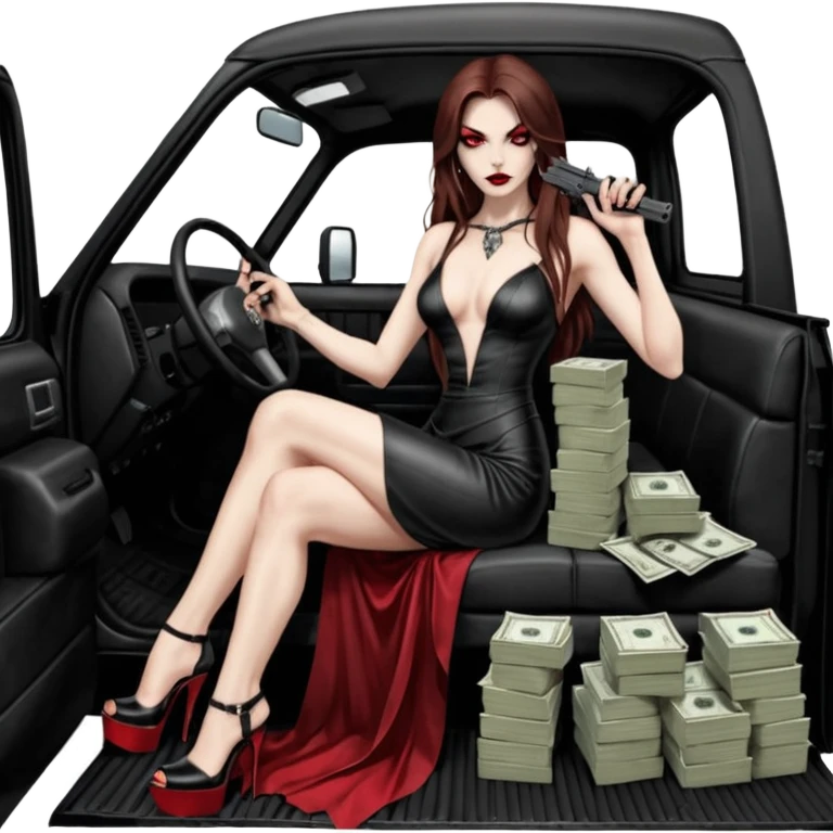 Lilith red eye seductress evil long brown haired sexy succubus woman with leather long dress with slit on, sitting in Big Large F350 pickup truck. Wearing super tall black platform high heels, Back seat full of stacks of cash, she is  Holding a human skull of her enemies and a gun in other hand emoji