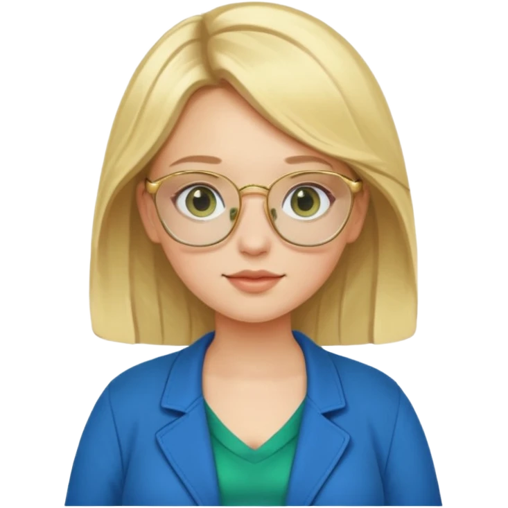 pregnant blonde 18-year old with golden glasses in a bright blue dress and a dark green jacket on top of the blue dress emoji
