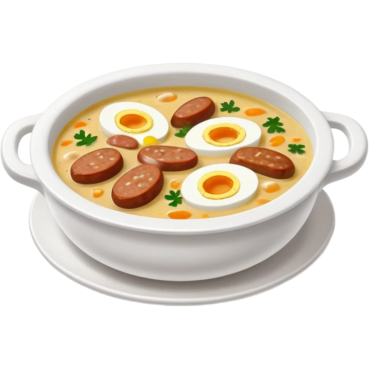 cinematic-realistic zurek-soup-dish-emoji,-depicted-as-a-tangy,-creamy-rye-soup-with-sausage-and-boiled egg-rendered-with-detailed-textures-and-warm,-comforting-lighting. emoji