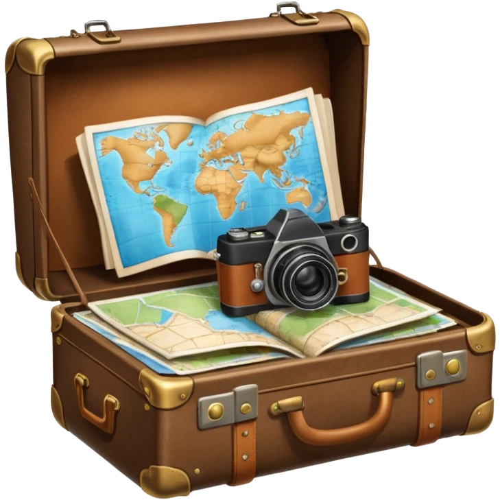 An open traveler's suitcase, from which a map, camera, and phrasebook peek out. emoji