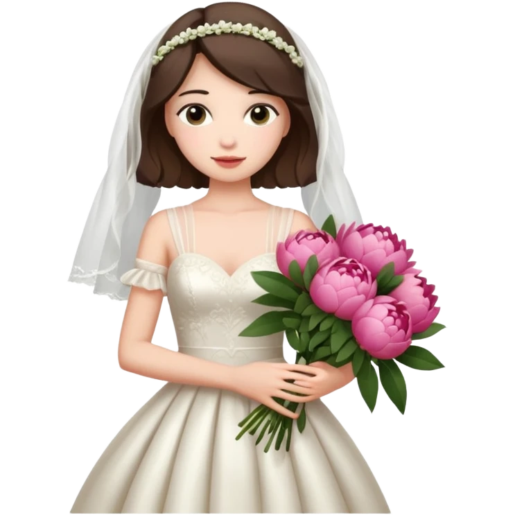 girl in a chic wedding dress and with peonies in her hands emoji