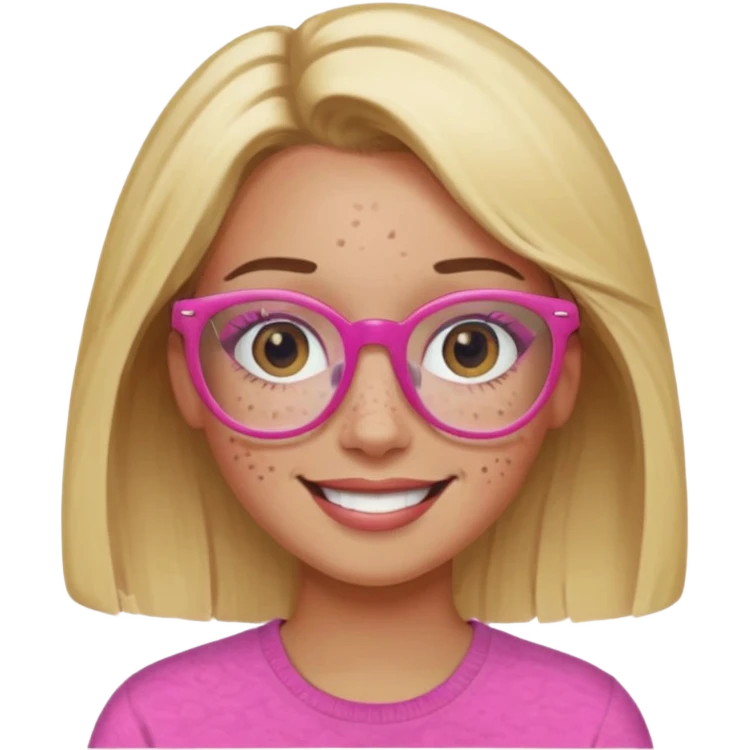 Innocent blonde woman with black eyes and light  brown skin and pink glasses and freckles smiling  emoji