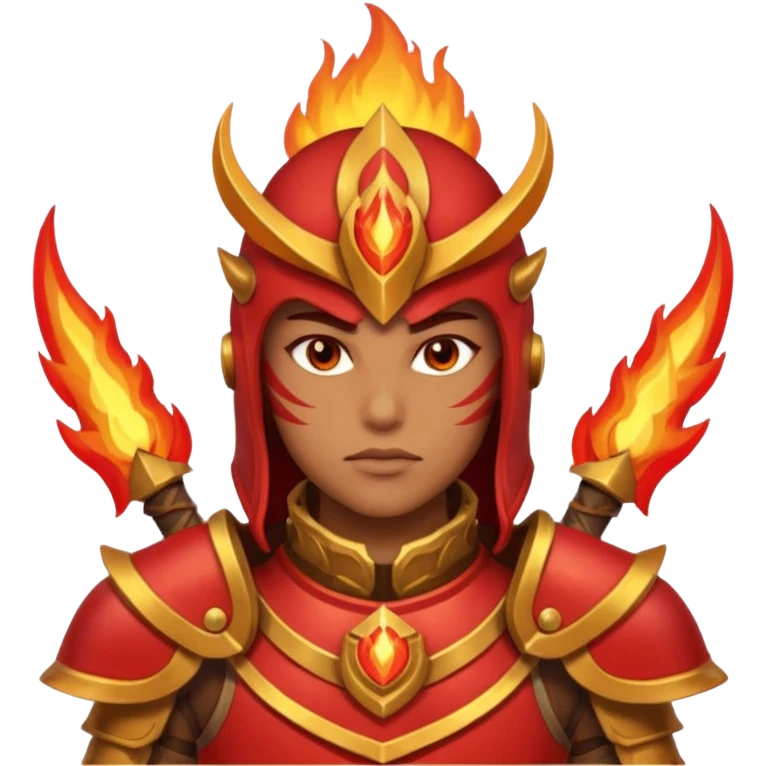 desert fire warrior portrait, head and shoulders only, red-gold armor collar, glowing fire accents, powerful gaze, fantasy desert vibe, 3D cartoon, mobile game icon style, clean background, no text, no watermark
 emoji