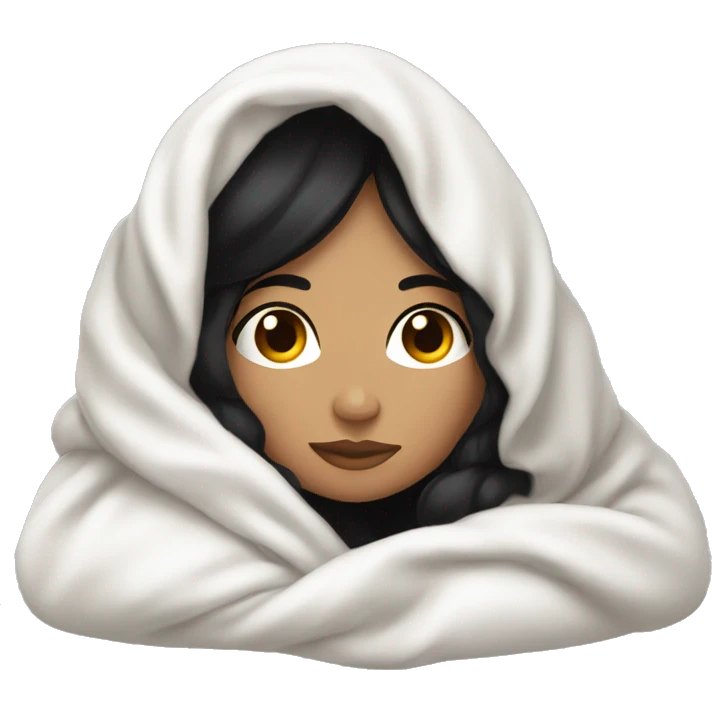Woman with black hair  laying down cozy in a white blanket  emoji