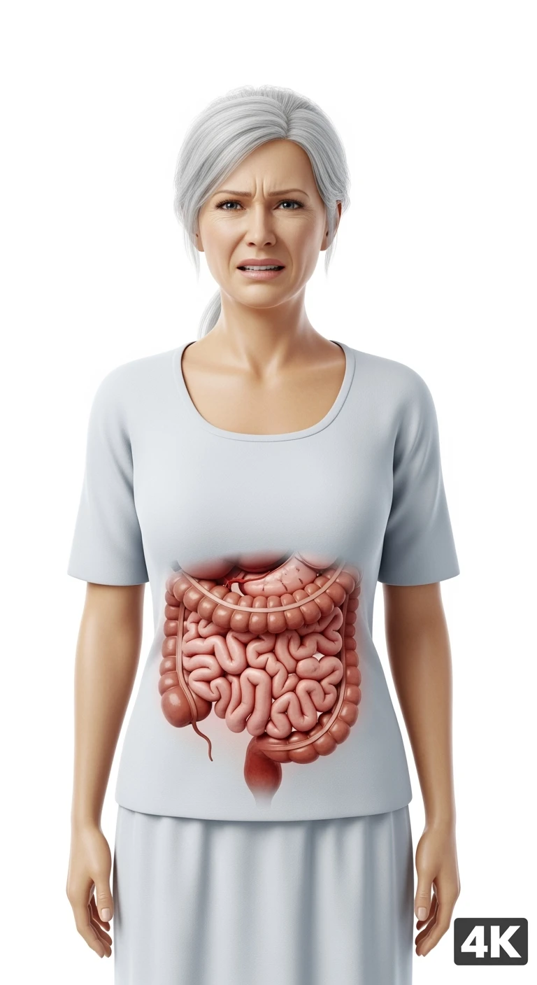 DONNA 50ENNE CON INTESTINO ANATOMICO REALISTICO DOLORANTE VISIBILE, iperrealistico 4k, ISOLATA SU SFONDO BIANCO emoji