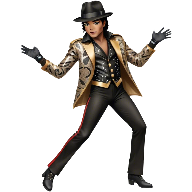 Icon for R&B Music: Michael Jackson in full body, wearing a bright, recognizable costume—sparkling jacket, black fedora, and signature glove. He is in a dynamic, energetic pose, with musical notes and abstract patterns surrounding him. Transparent background. emoji