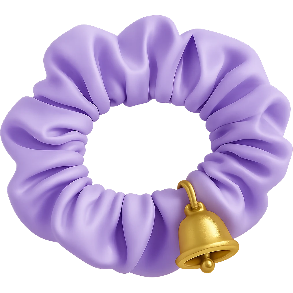 Change the gold star charm to a small Christmas bell charm on the pastel purple silky scrunchie, keep the 3D emoji style and shimmer effect. emoji