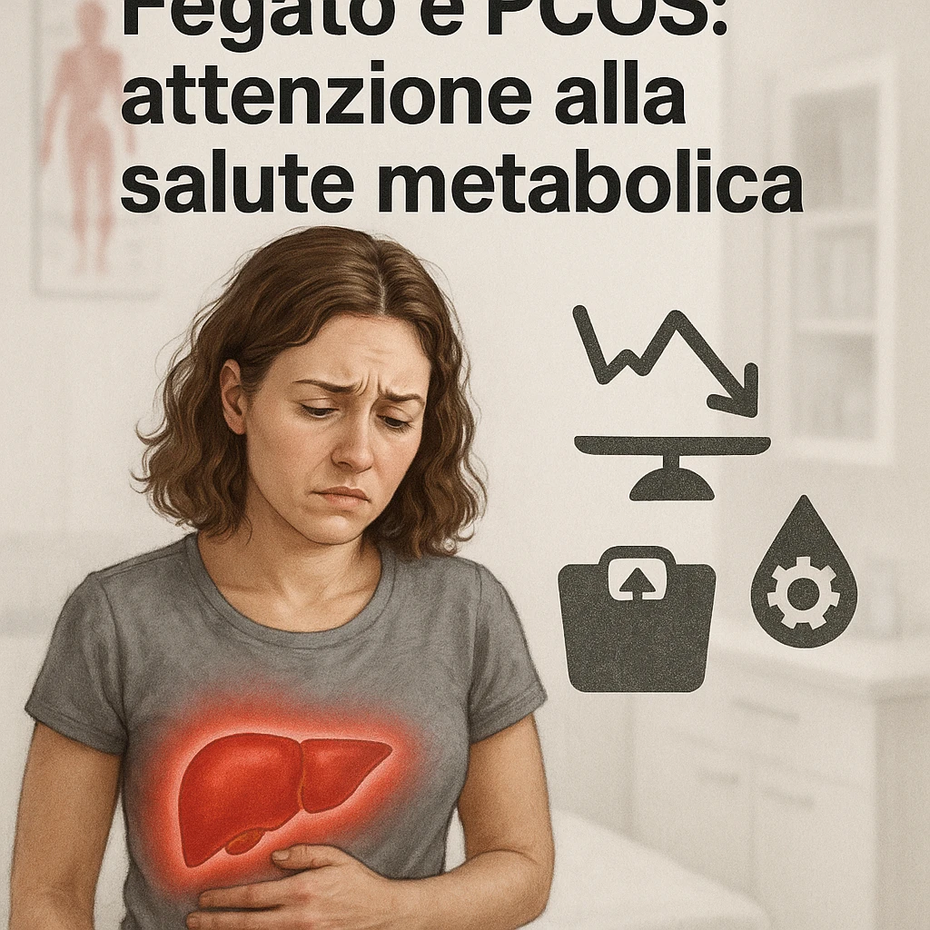 realistic illustration of a woman with PCOS, liver area highlighted with red halo and metabolic difficulty symbols, worried expression, clinical background, Italian text: 'Fegato e PCOS: attenzione alla salute metabolica', 4K quality emoji