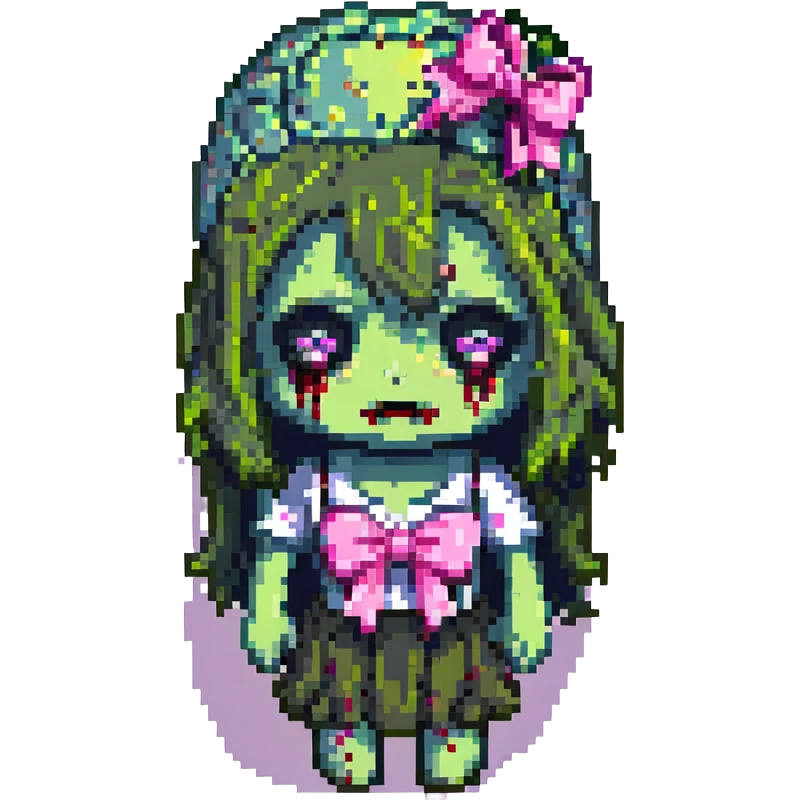 pixel art zombie girl, pink bow, exposed brain, chibi style emoji