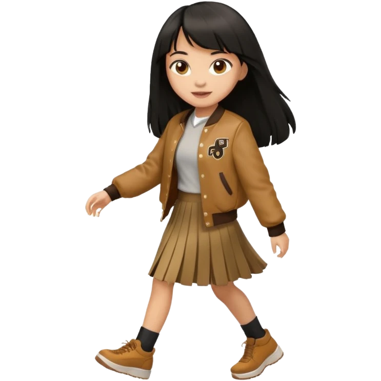 black color long hair with fringe, light skin long hair girl with brown varsity jacket and long skirt walking

 emoji