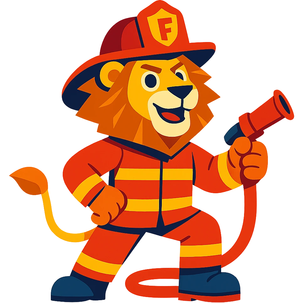 lion dressed as a fireman, heroic pose, vibrant colors emoji
