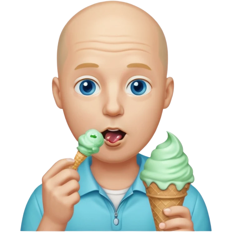 Bald man with blue eyes putting a mint ice cream cone in his mouth emoji