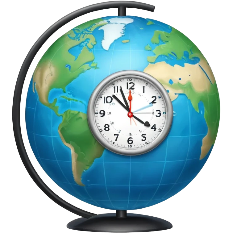 Earth globe with analog clock in corner, timezone symbol, iOS emoji style emoji