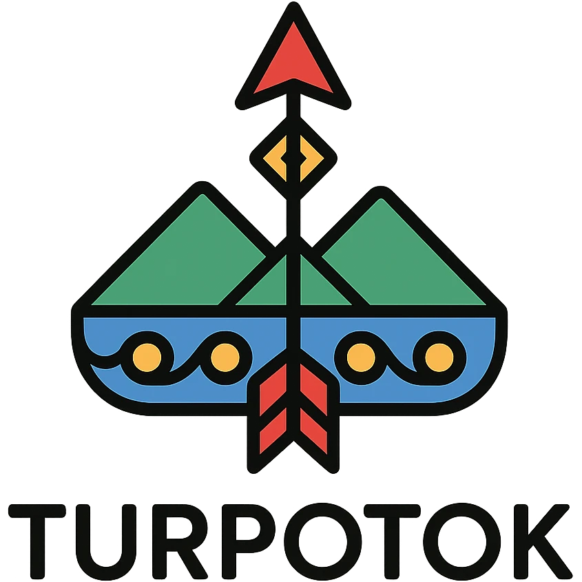 Colorful minimalist logo for Turpotok with a Kurai arrow, Ural Mountains, and Bashkir ornamentation. Text 'Turpotok' in a modern sans-serif font emoji