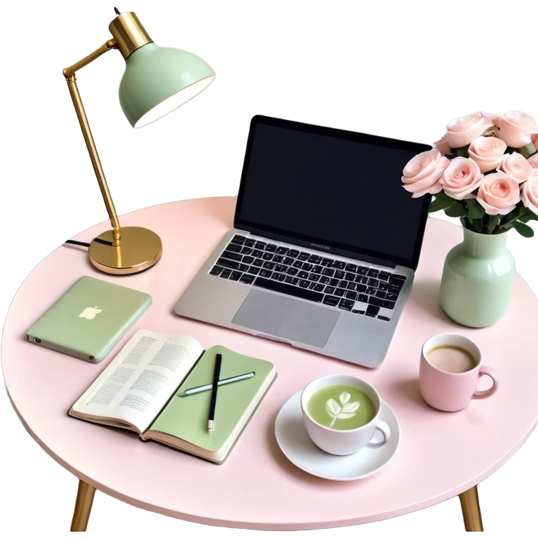 seeing a working from home desk from above with a macbook computer, fashion/interior magazines, flowers in a little vase, louis poulsen portable lamp with a dimmed cozy light and a iced matcha. very girly aesthetic emoji