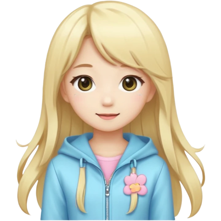 Cute kawaii emoji-style Japanese K-pop girl, blonde long hair , trendy K-pop outfit with Japanese cute fashion vibes, big sparkling eyes, chibi proportions, clean lineart, pastel colors, cheerful idol smile, sticker/emoji style, transparent background emoji