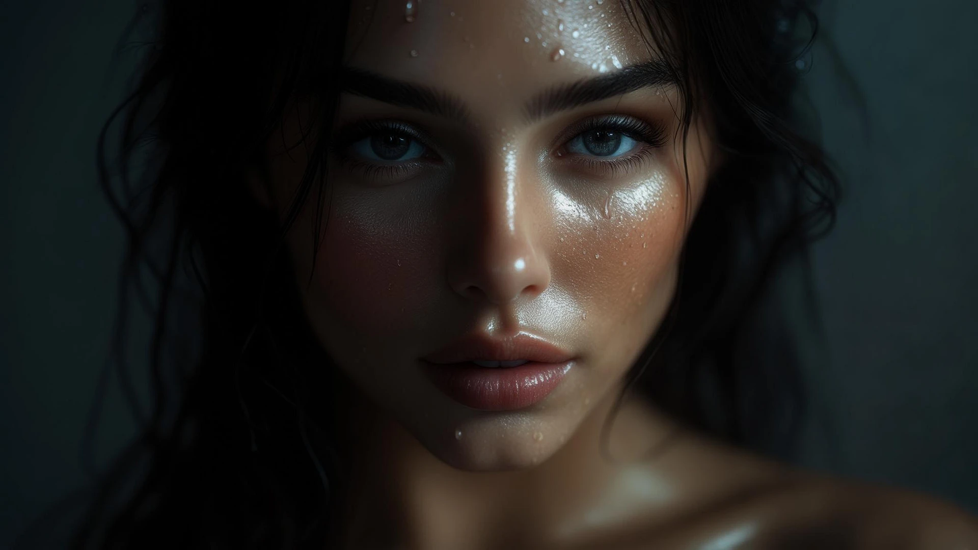 Extreme Closeup photo of a beautifull woman, water light reflection on face, low key light, cinematic light, 8K, very detailed, sharp emoji