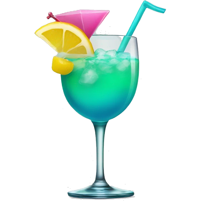 Bluish green cocktail with pink and yellow emoji