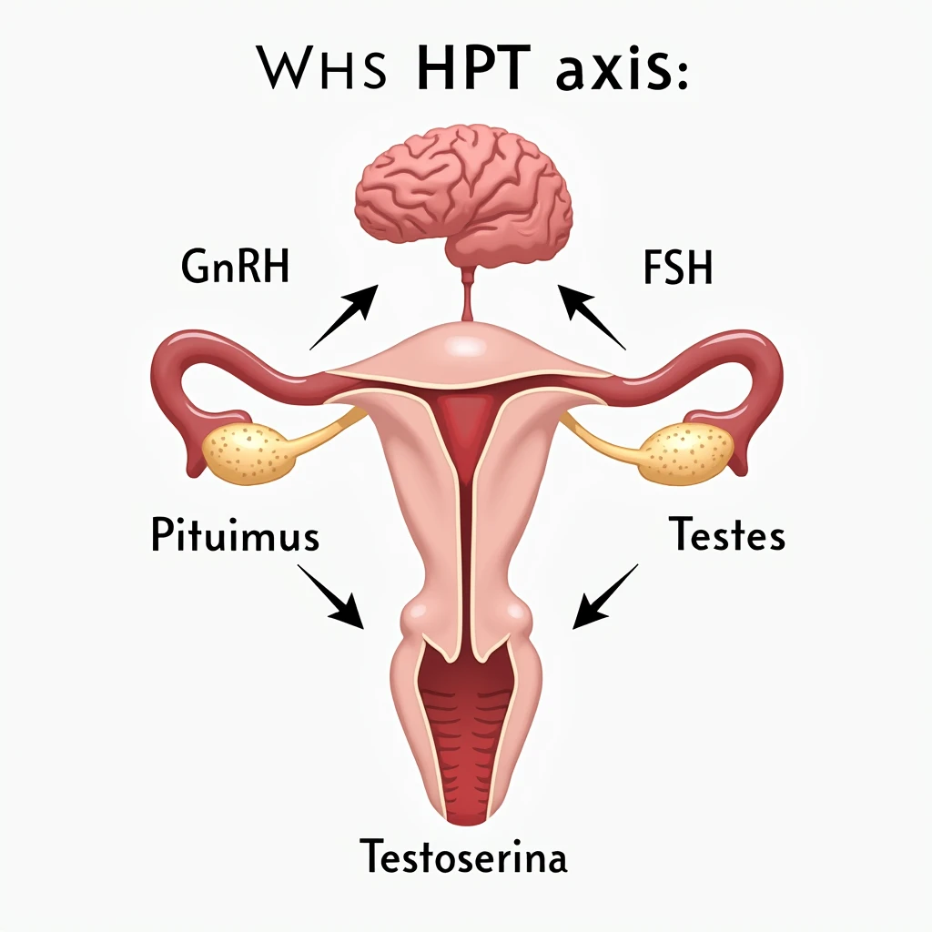 clear and realistic infographic of the HPT axis (hypothalamus-pituitary-testes): showing hypothalamus, pituitary gland, and testes connected by arrows, including hormone names (GnRH, LH, FSH, testosterone), simple diagram, distinct colors for each part, scritte in italiano emoji