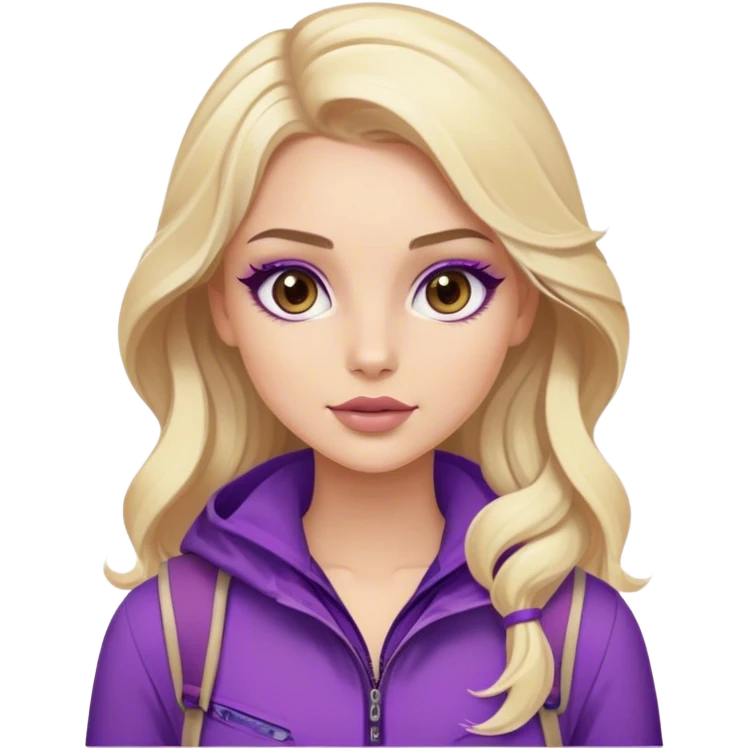 Luxury blonde model, brown eyes, luxury makeup, sleek wavy beige-blonde hair, purple hiking outfit emoji
