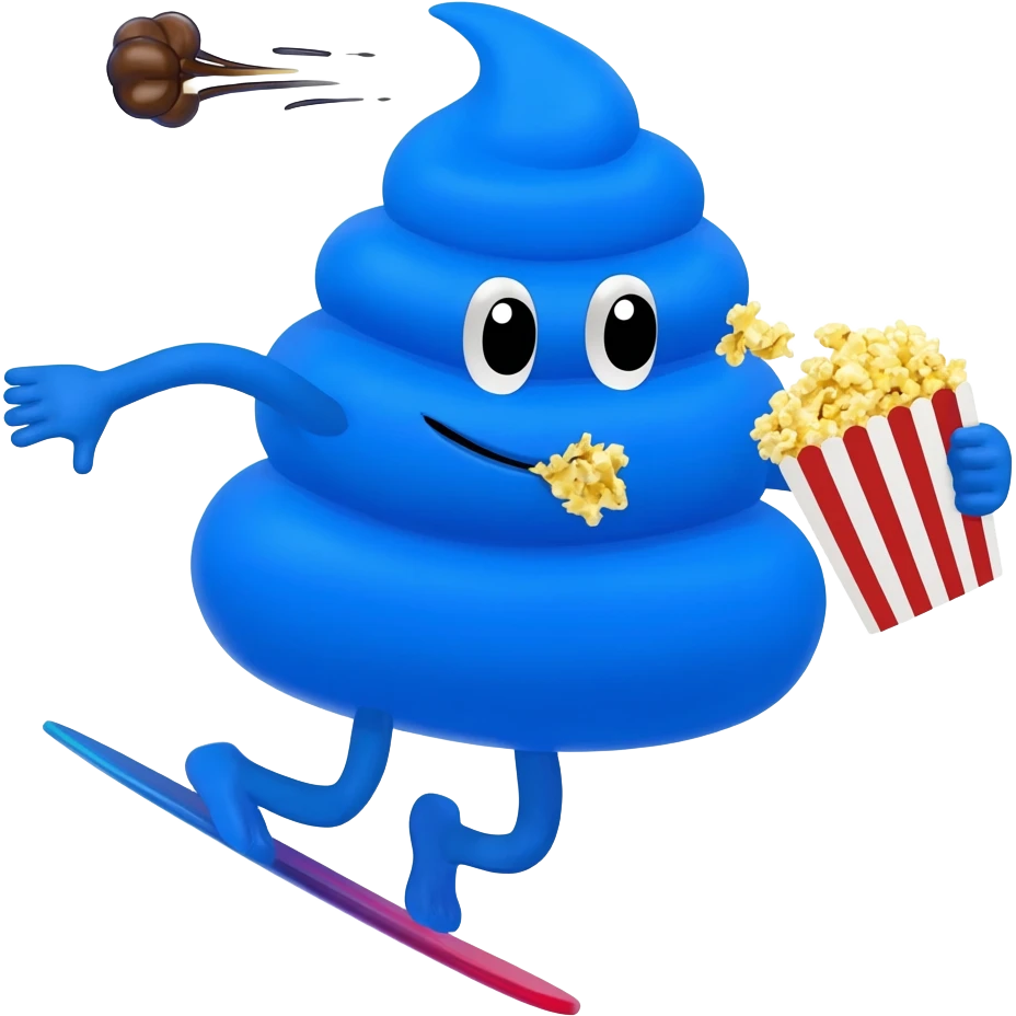 ocean poopoo fart eating cakr and popcorn and surfing on a poop a blkue poop emoji