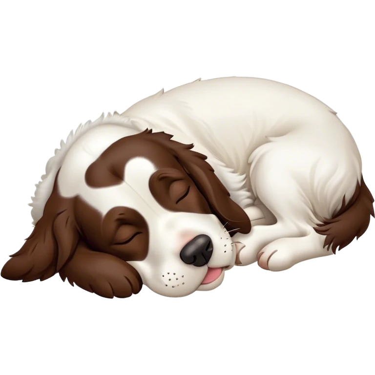 Meme-Worthy Cute Sleeping Springer Spaniel Portrait Emoji, Head resting peacefully with a contented smile, showcasing a delightfully agile build and a luxuriously soft liver and white Fur, eyes shut in a serene nap, Simplified yet hilariously adorable features, highly detailed, glowing with a soft, drowsy light, high shine, relaxed and utterly lovable, stylized with an air of playful laziness, bright and heartwarming, soft glowing outline, capturing the essence of a comically sleepy companion, so meme-worthy it feels like it could instantly become the next viral sensation of adorable slumber! emoji