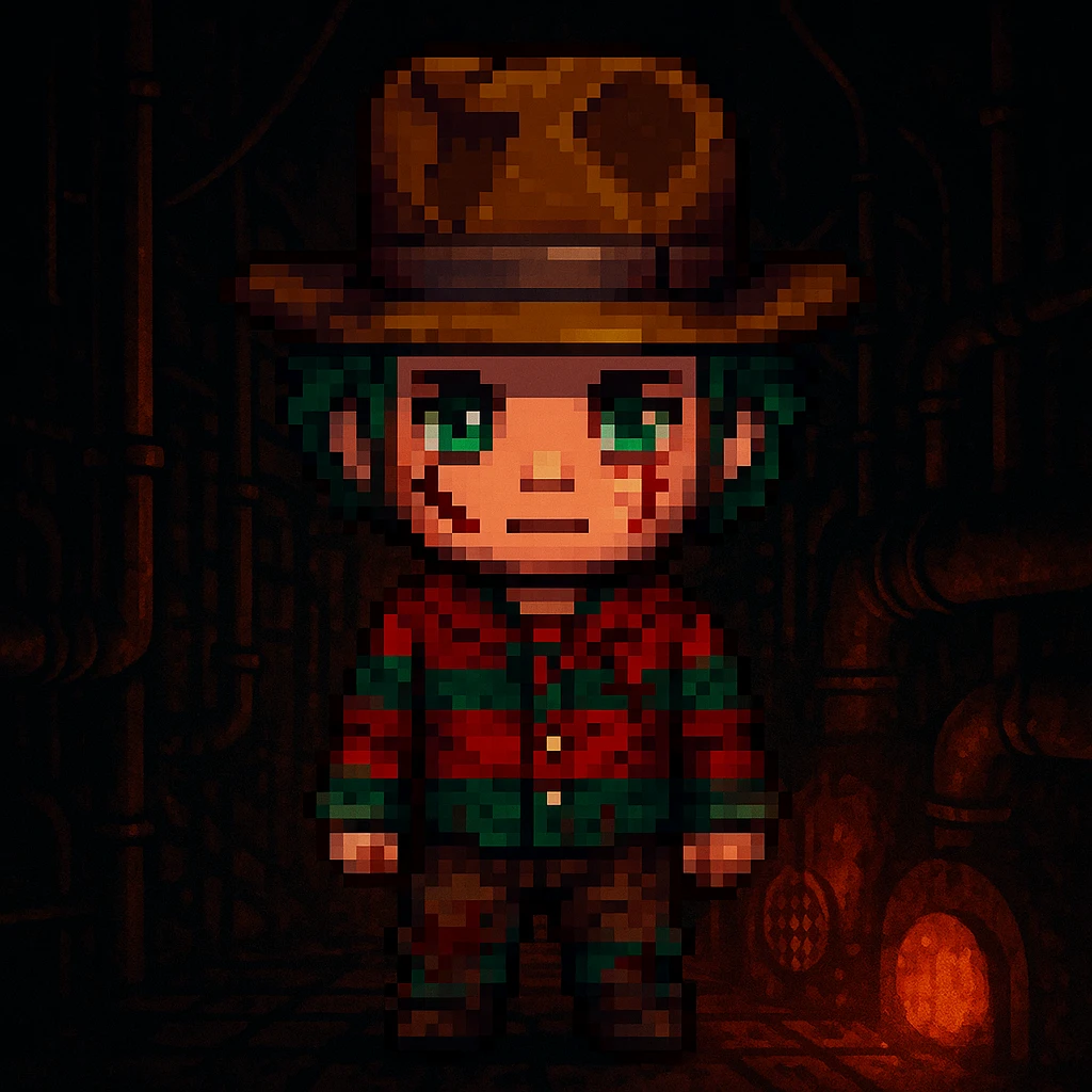 Add a spooky, nightmarish background with a boiler room and dark shadows behind Freddy Krueger, keep pixel art style emoji