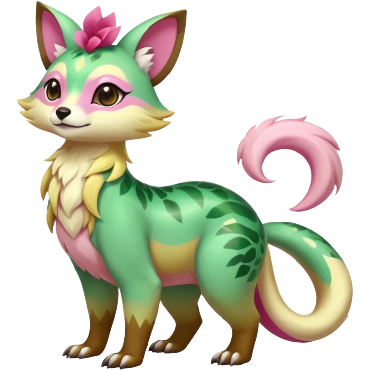 Colorful brown with rose-pink, yellow-beige-cream, jade-green tropical exotic shiny beautiful fantasy-Vernid-Cacomistle-animal-Fakémon-hybrid-fursona (full body) emoji
