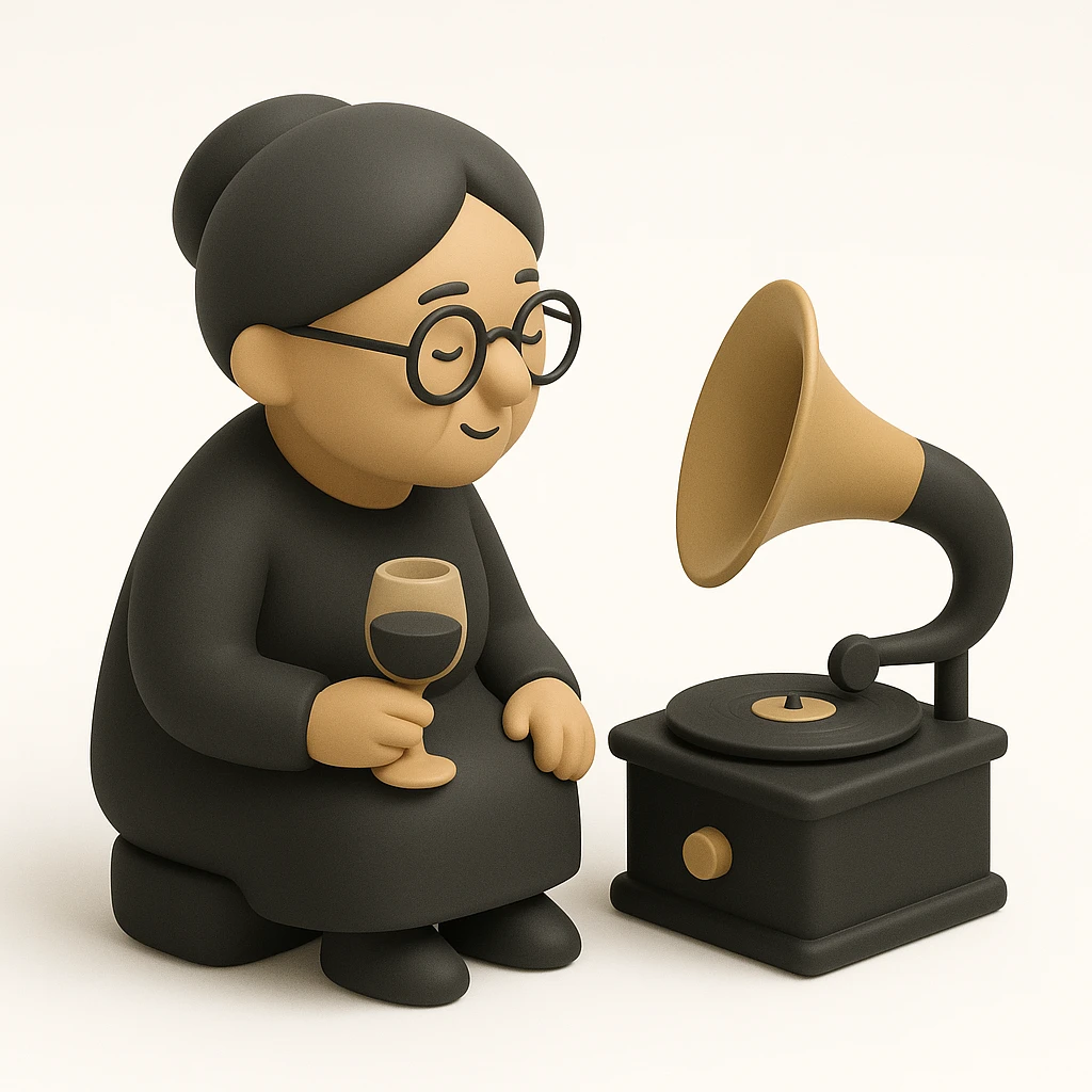 old lady with wineglass listening to gramophone emoji