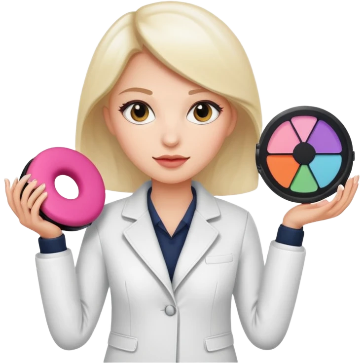 female researcher in a white jacket displaying a makeup cushion innovative tech emoji