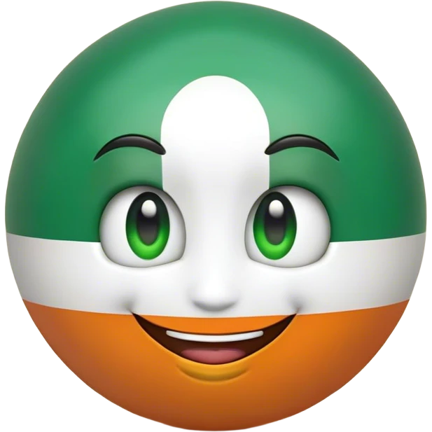 "A 2D-rendered, glossy, spherical emoji with a cheerful smiling face. The sphere is painted with the colors of the Indian flag—saffron on top, white in the middle, and green at the bottom. The emoji has large, shiny green eyes with black pupils, reflecting light for a cute and friendly expression. The background is plain white, making the vibrant colors and glossy texture of the sphere stand out. The overall style is smooth and cartoon-like, with a polished and modern look." emoji