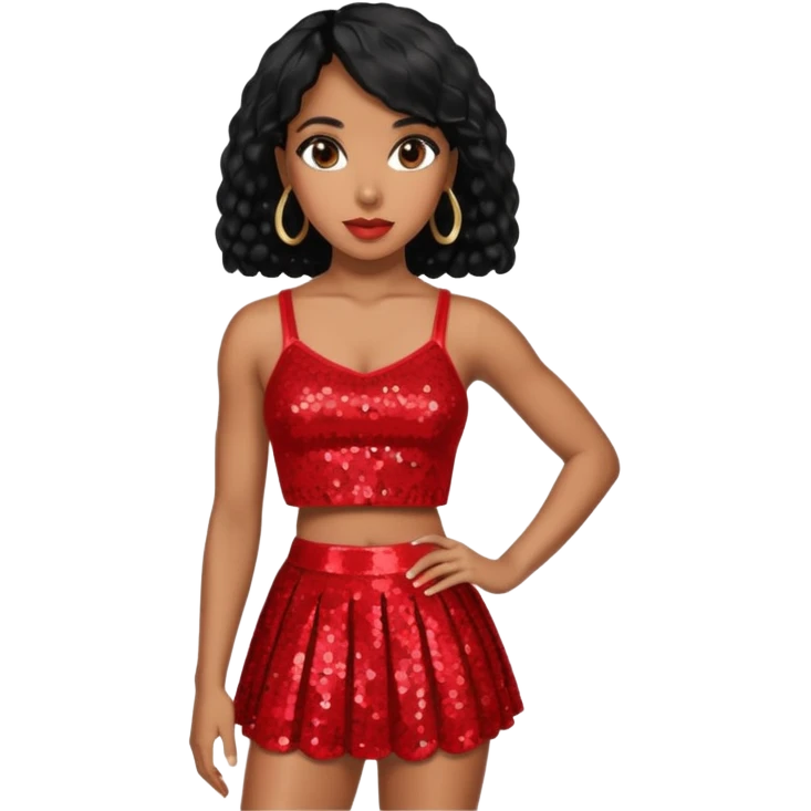Kelly Rowland with black hair, red sequin crop top and skirt emoji