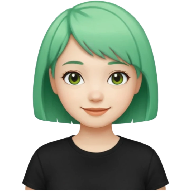 Girl with Mint Bob Cut – short green hair, cheerful smile, black t-shirt emoji