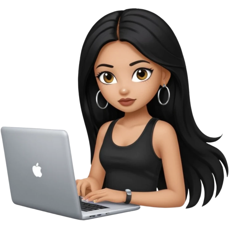 a pretty bratz dusky girl with long black hair, kajal under eyes, small silver hoop. black tank top on. laptop in hand emoji