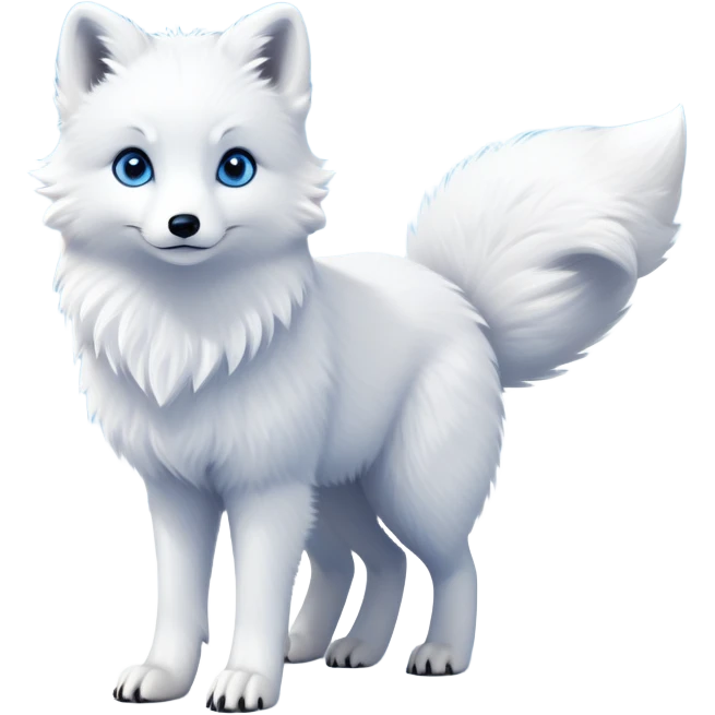 cinematic-arctic-fox-realistic-full-body-standing-emoji,-fluffy-tail-curled-slightly-around-its-white paws,-thick-sleek-white-fur-blending-into-the-snowy-landscape,-head-tilted-dramatically,-bright-blue-eyes-glistening-with-intelligence,-simplified-yet-realistic-focused-features,-highly-detailed,-glowing-with-an-almost-sarcastic-glow expressive eyes emoji