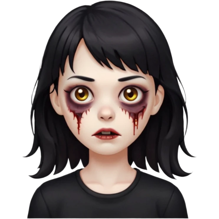 Zombie girl, with bangs above her eyebrows, her dark hair, thin eyebrows. Long hair and Wavy her clothes are black emoji