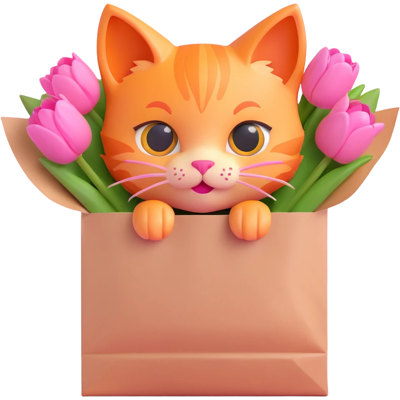 A cute orange kitten peeking out of a paper bag filled with pink tulips, in 3D iOS emoji style with soft gradients and glossy finish, no background. emoji
