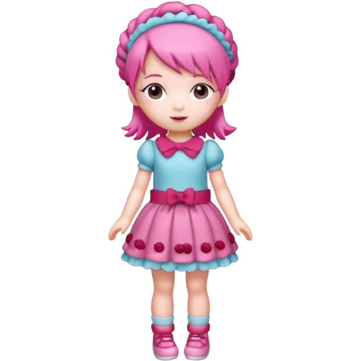 Isolated detaile illustration incredibly modern raspberry torte doll figurine full body with pink hair and a raspberry hairband emoji