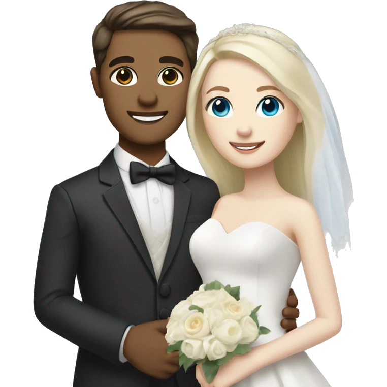 Wedding couple, groom white skin with dark brown hair and brown eyes, bright with white skin blonde hair and blue eyes emoji