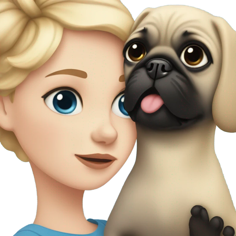 Girl with wavy blonde hair and blue eyes, kissing a black pug emoji