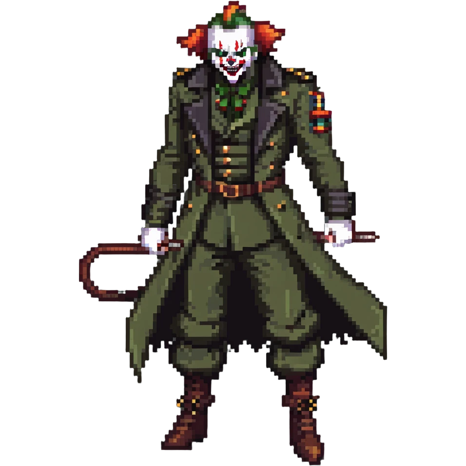 evil clown soldier, bald, small black horns on forehead, fangs, pointed ears, eye patch over one eye, long coat over black and military green clothes with bellbottom pants, tail, holding an Indiana Jones-style whip, realistically proportioned, less bulky, full body, fighting stance emoji