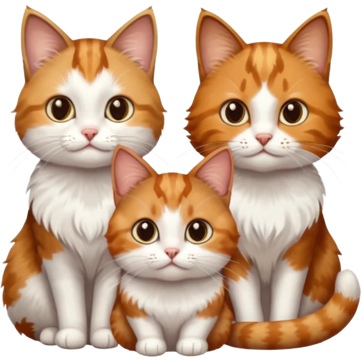 3 small cats each are different colours including a brown tabby and white, a patchy calico, and a ginger and white emoji