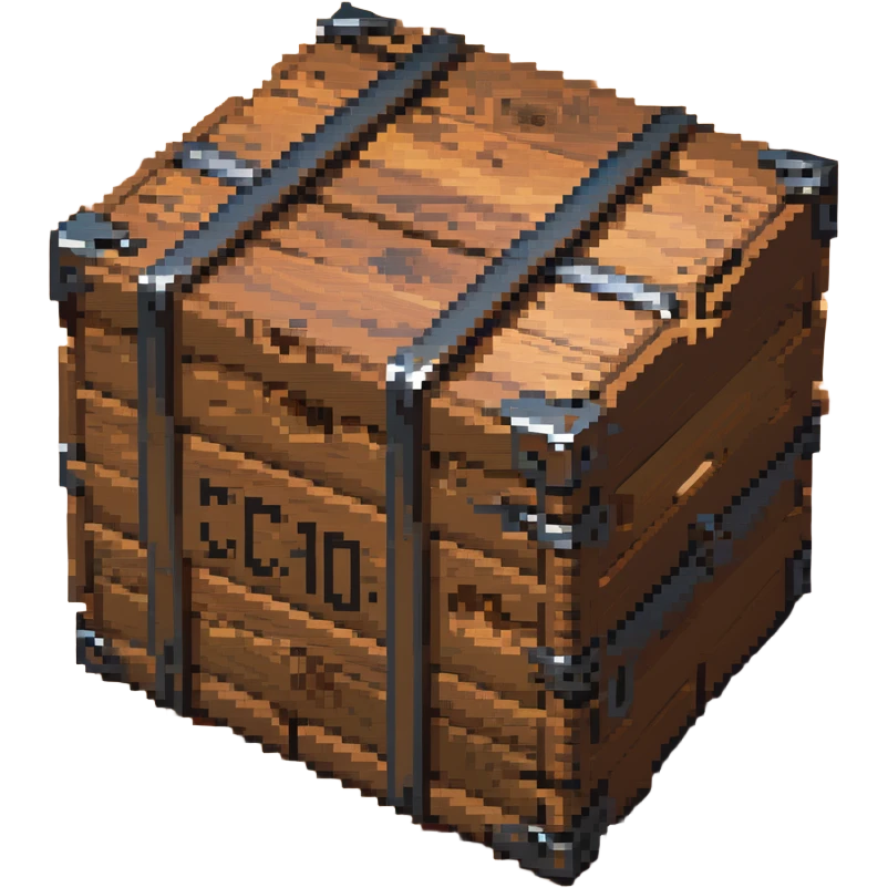 Wooden crate with metal reinforcements, color #c2410c with darker wood grain, visible wood grain texture, metal bands across the crate, slight 3D effect with shading, breakable appearance, small warning symbol, 32x32 pixels emoji