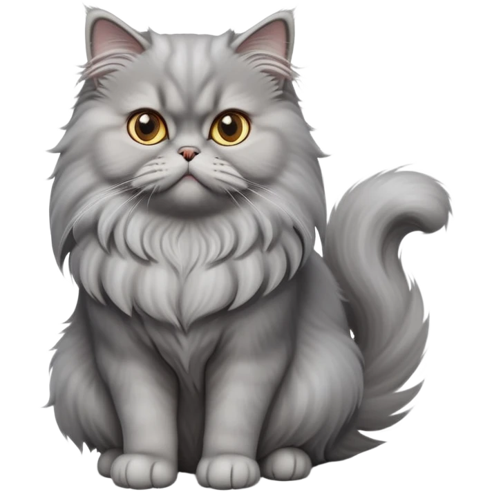 cinematic-[grey persian cat]-realistic-full-body-sitting-emoji,-tail-curled-playfully-around-its-paws,-head-tilted-dramatically,-fluffy-[grey]-fur,-simplified-yet-realistic-focused-features,-highly-detailed,-glowing-with-an-almost-sarcastic-glow emoji