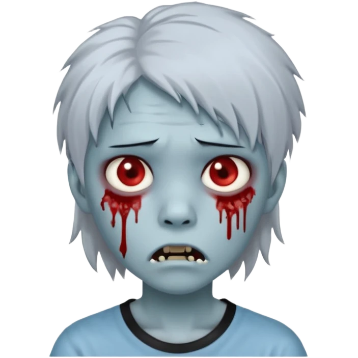 Create a 3D emoji-style avatar with very pale blue-grey zombie skin like the reference image, a young Asian face, and large eyes with blood tears. Give it white mullet-style hair, silver hoop earrings, and a simple black T-shirt. The expression should be neutral or slightly angry emoji
