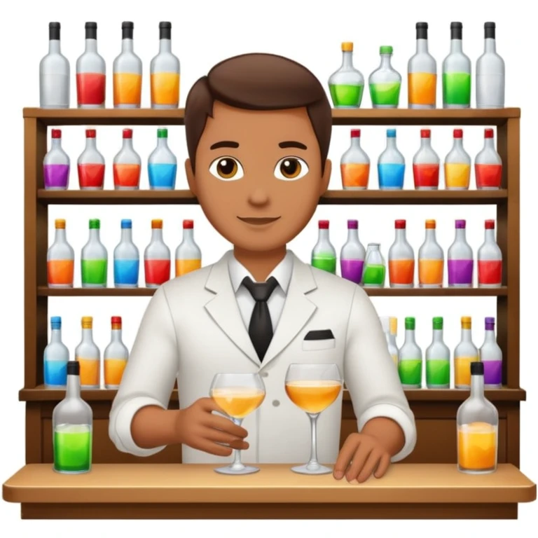 bartender mixing drinks, club backgroudn with bottles emoji