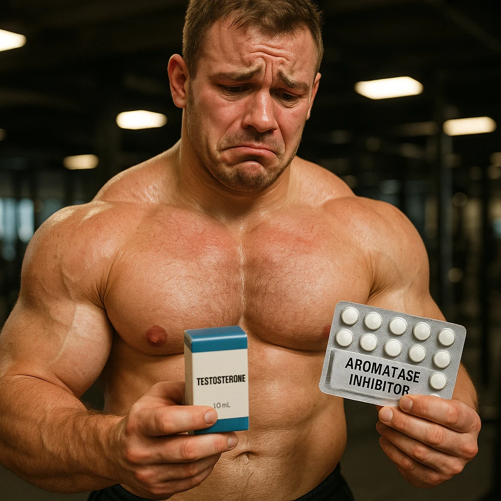 realistic beginner bodybuilder with swollen muscles holding box of testosterone and package of aromatase inhibitor, regretful expression, red skin, gym background, 4K quality emoji