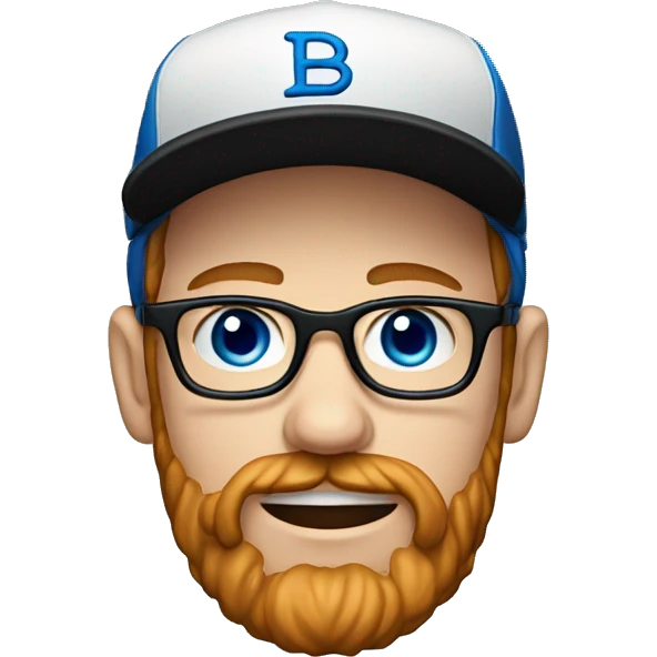 30 years old. male. short curly red hair, glasses, black baseball hat, blue eyes, pale complexion, thick beard and thin mustache emoji