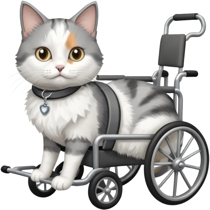 disabled grey and white cat in cat wheelchair emoji